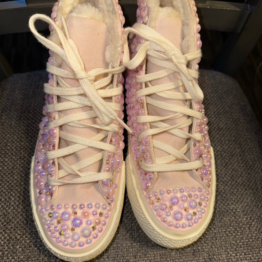 Pink Beaded High-Top Sneakers